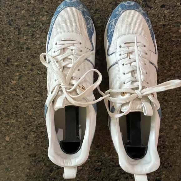 Authentic Louis Vuitton White/Blue Leather Mesh Monogram Denim Run Away Sneakers - Picture 2 of 6